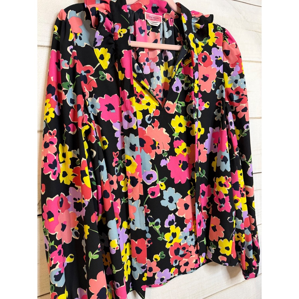Kate Spade New York Floral Ruffle Tie Neck Blouse Black Multi Color Large Preppy - Picture 2 of 6